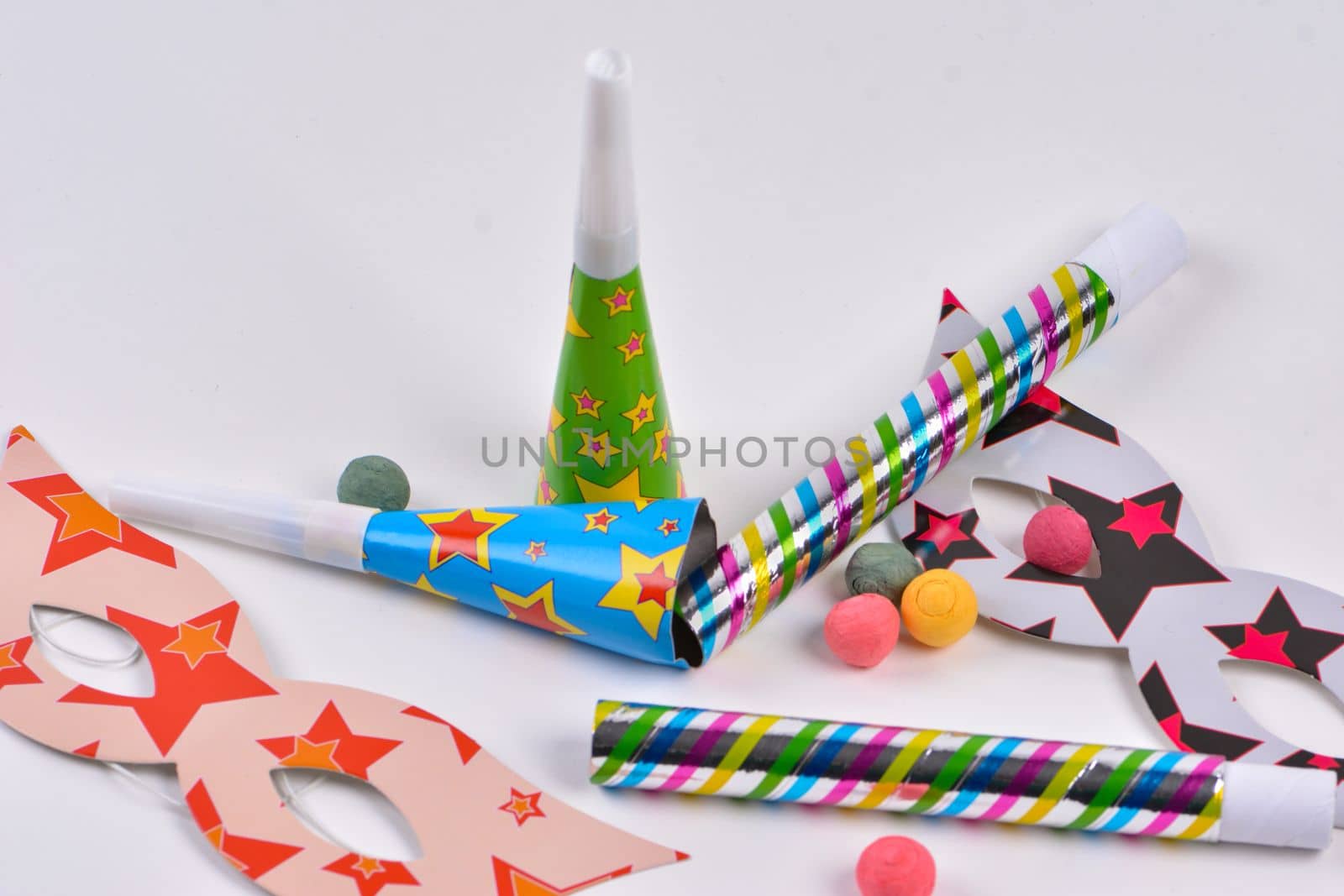 Colorful party items for birthday on a white background