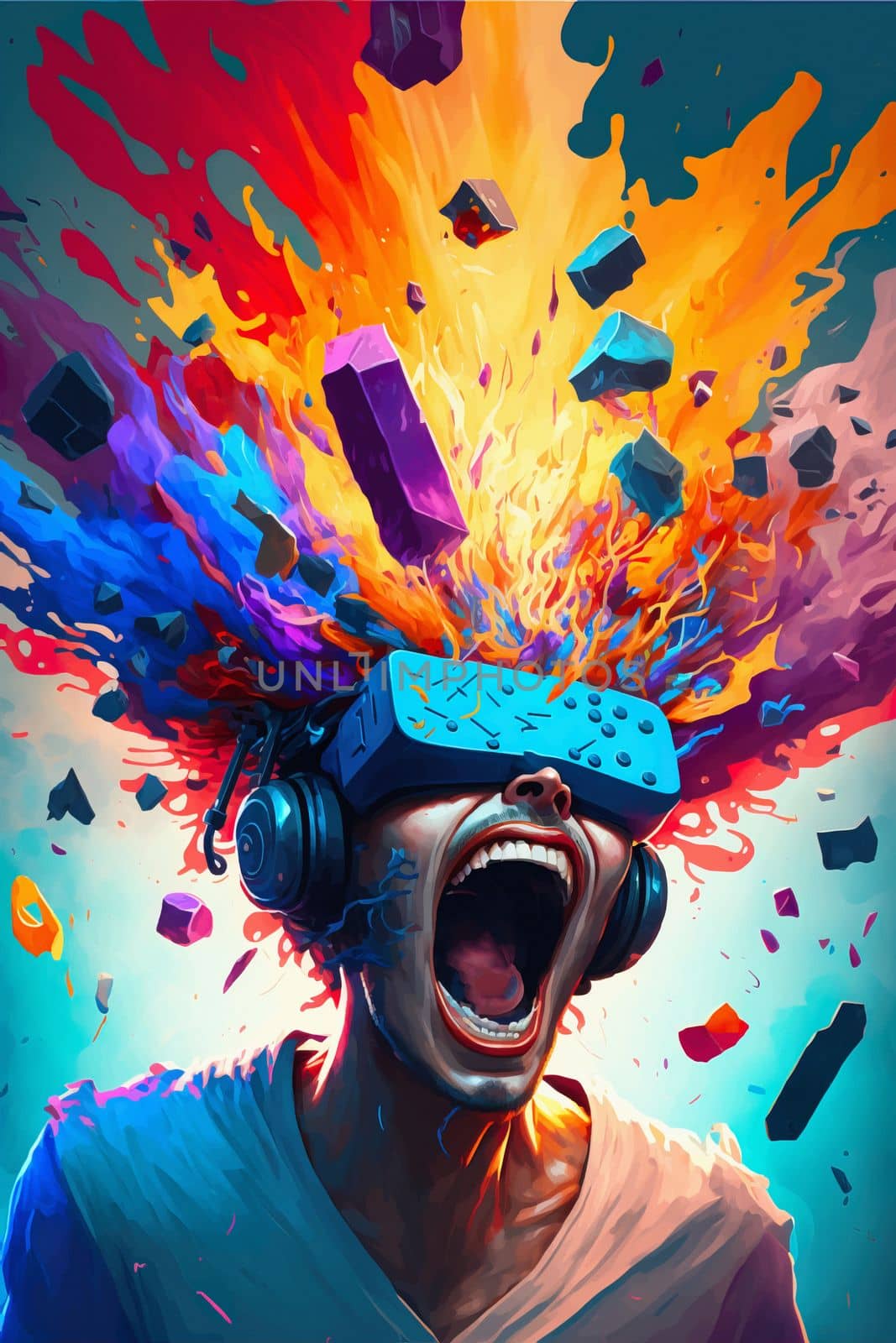 Man wearing 3d VR headset glasses looks up in abstract exploding of colors. Virtual reality or Augmented reality world simulation. Digital computer entertainment. Teens who game too much concept. download image