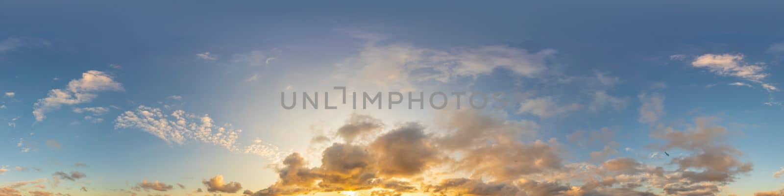 Dark blue sunset sky panorama with golden Cumulus clouds. Seamless hdr 360 panorama in spherical equirectangular format. Full zenith for 3D visualization, sky replacement for aerial drone panoramas. by panophotograph