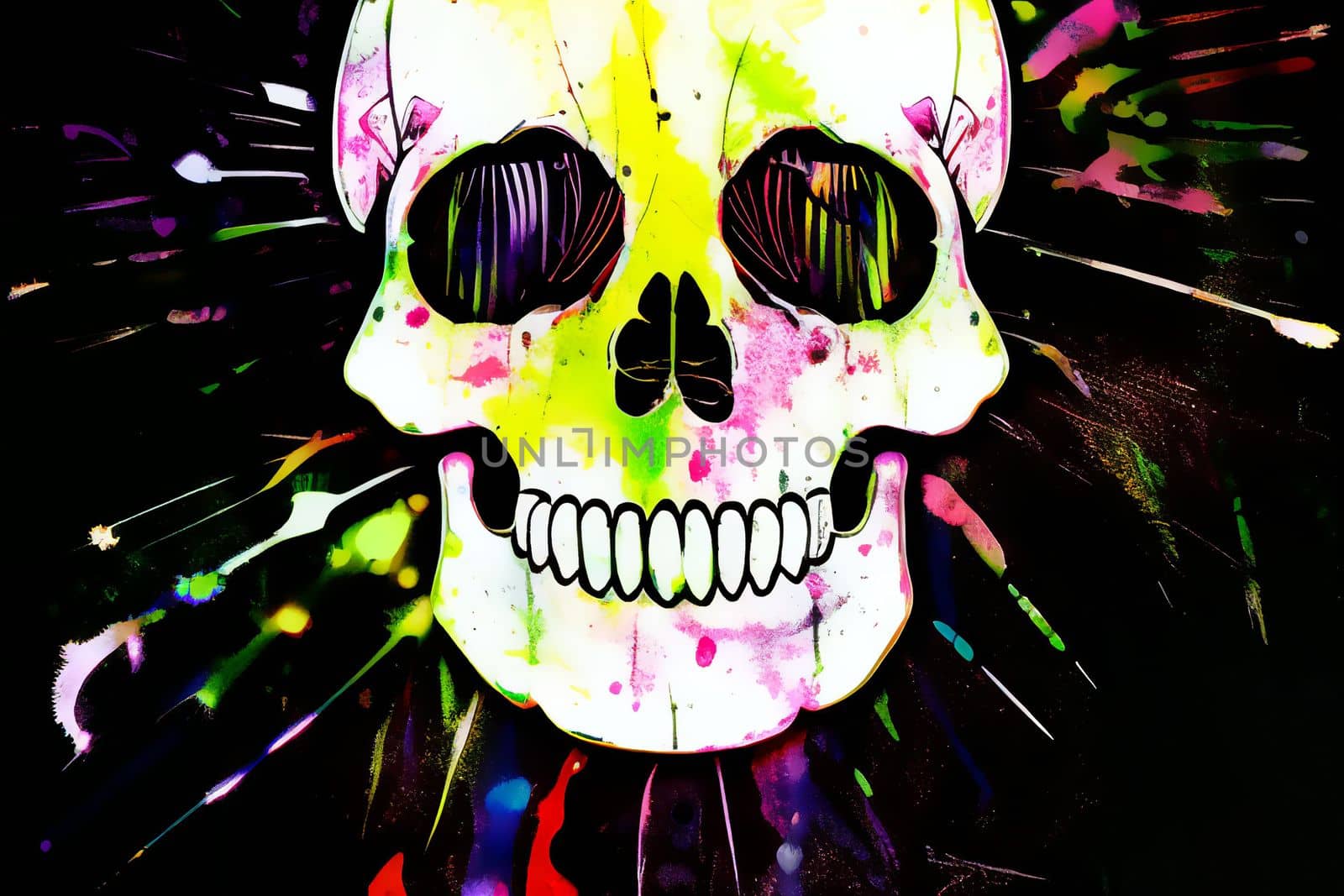 ink splatter style design of a white skull on a black background