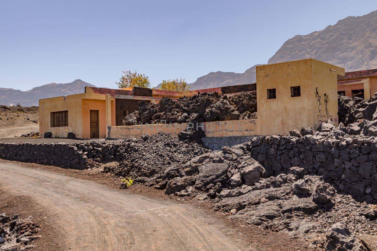 Houses destroyed by lava in the crater of the volcano Pico do Fogo, Cape Verde Islands, Atlantic Ocean