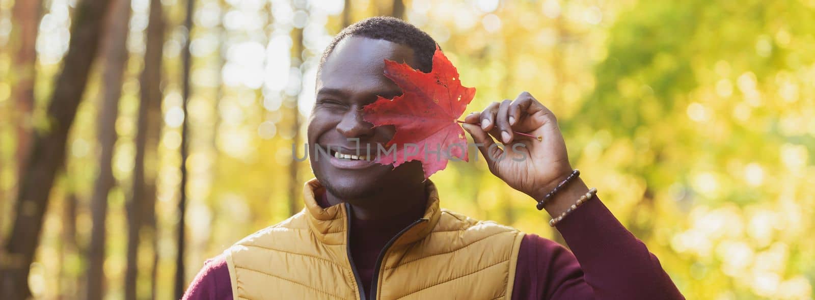 Banner Close up portrait of funny african american man covering his face with autumn maple leaf with copy space. Autumn nature. Seasonal fall fashion. by Satura86