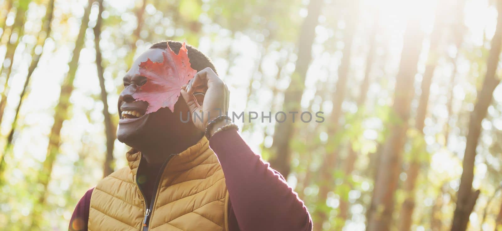 Banner Portrait of african american man covering his face with autumn maple leaf copy space. Autumn nature. Seasonal fall fashion. by Satura86