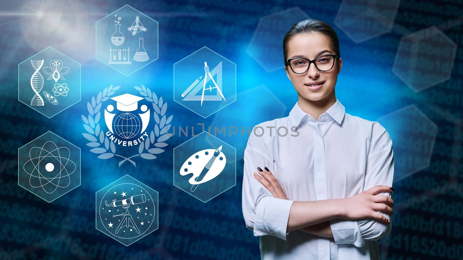 Portrait of teenage high school student with crossed arms, on digital background with educational icons. Education, studentship, e-learning, knowledge, youth concept