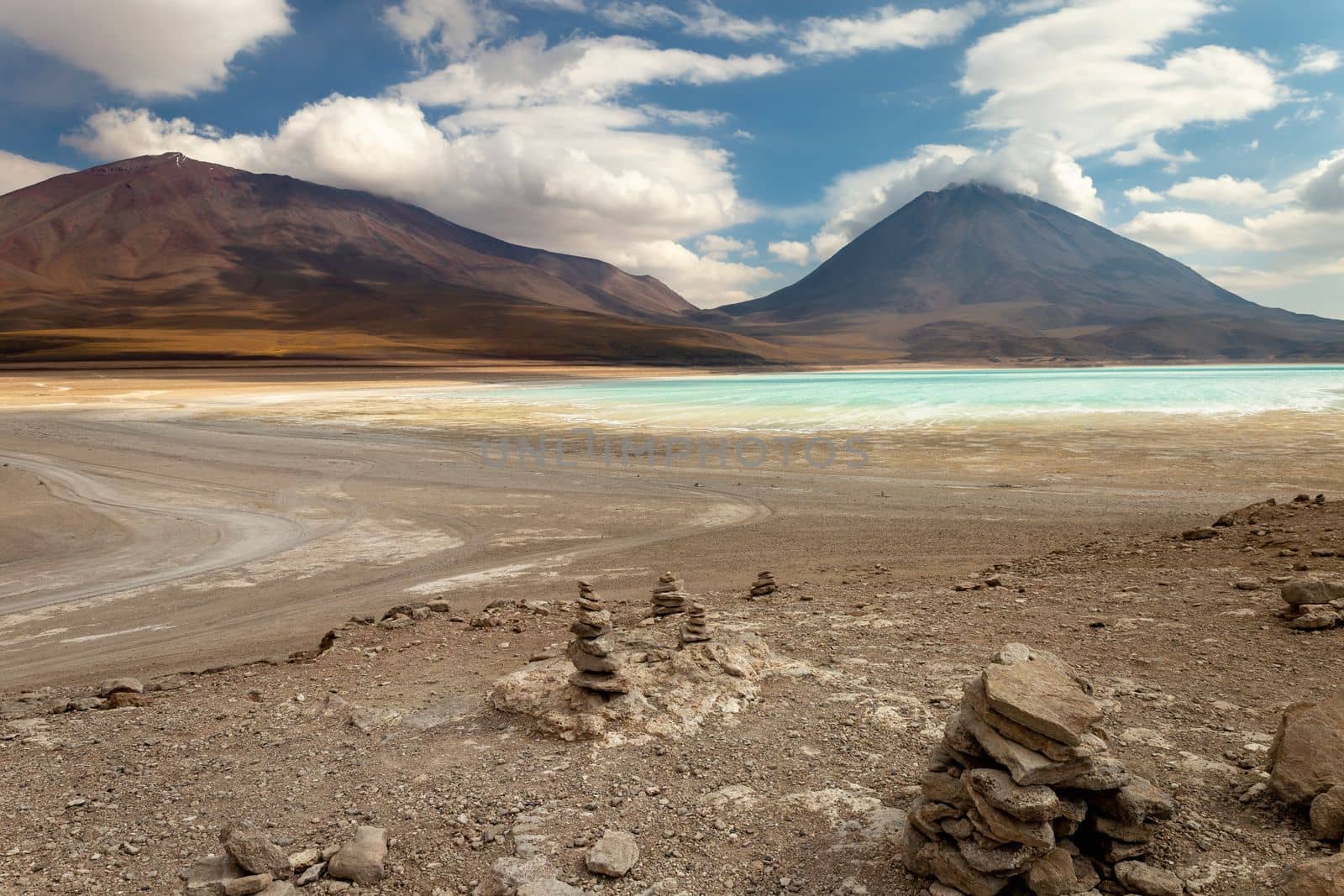 Green Laguna Verde and Licancabur volcano, Bolivia, border with Chilean Atacama Desert