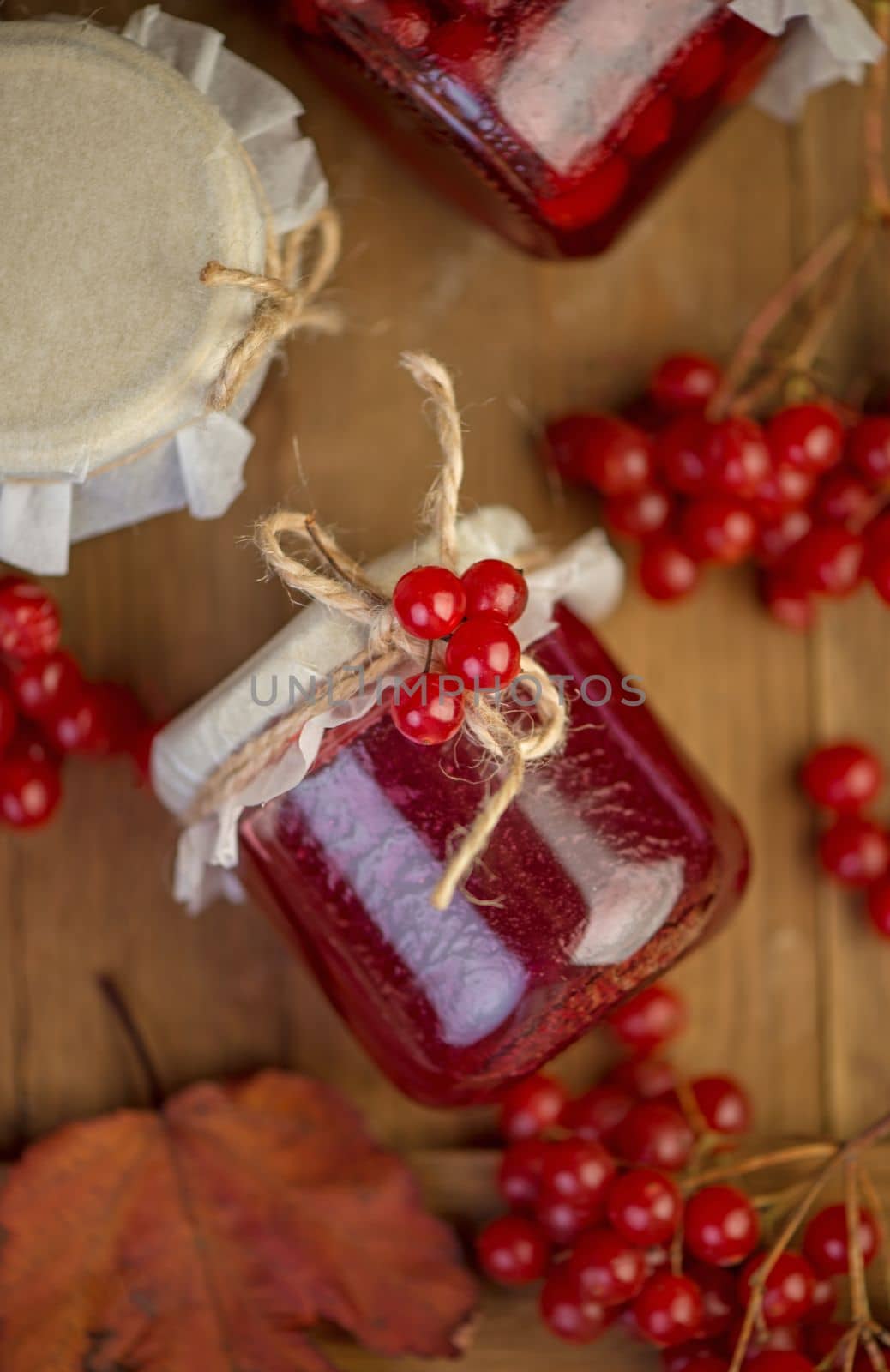 Viburnum fruit jam in a glass jar on a wooden table near the ripe red viburnum berries. Source of natural vitamins. Used in folk medicine. Autumn harvest. by aprilphoto