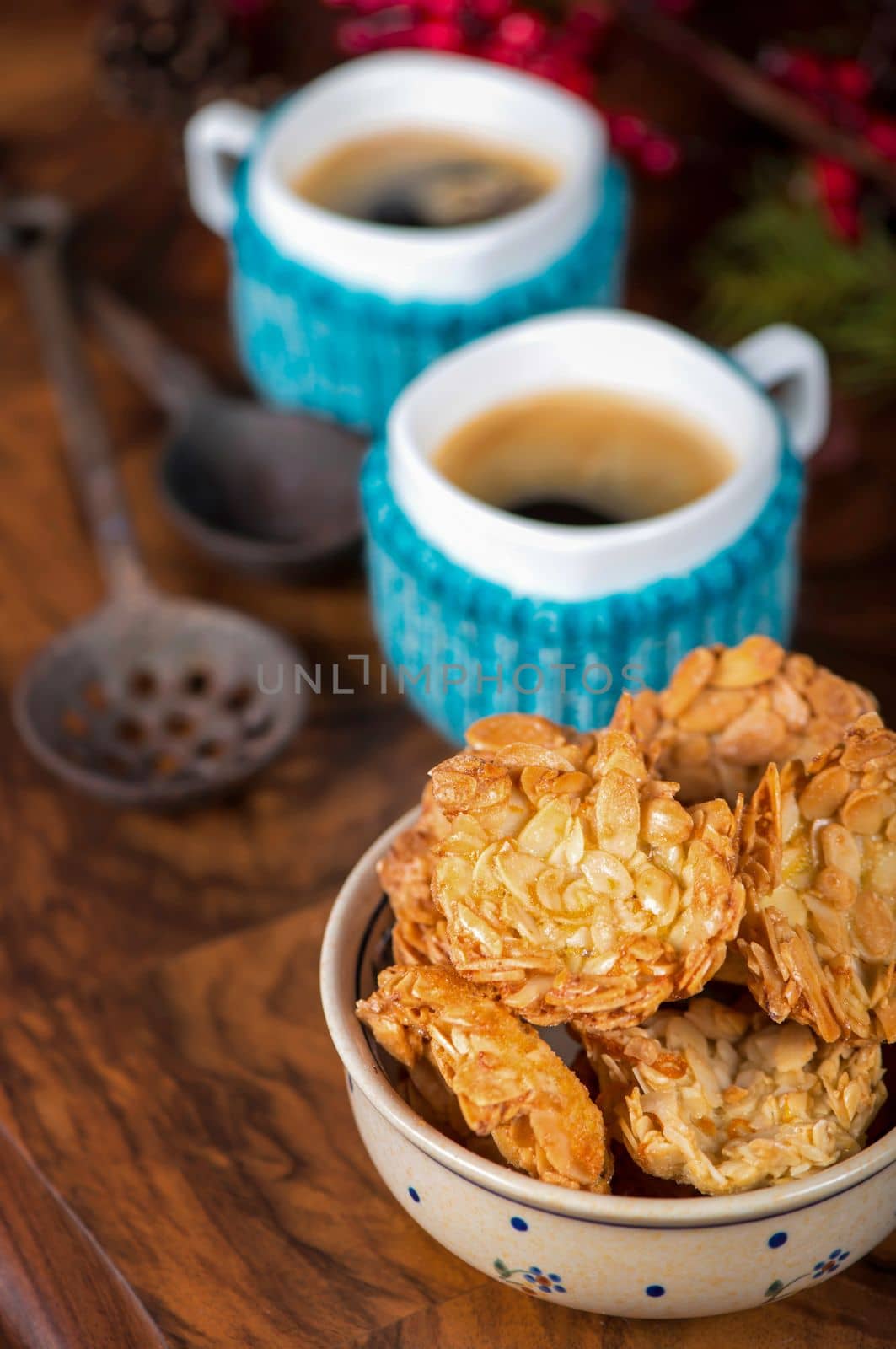 Christmas homemade chocolate chip cookies, cup of coffee on a wooden background.