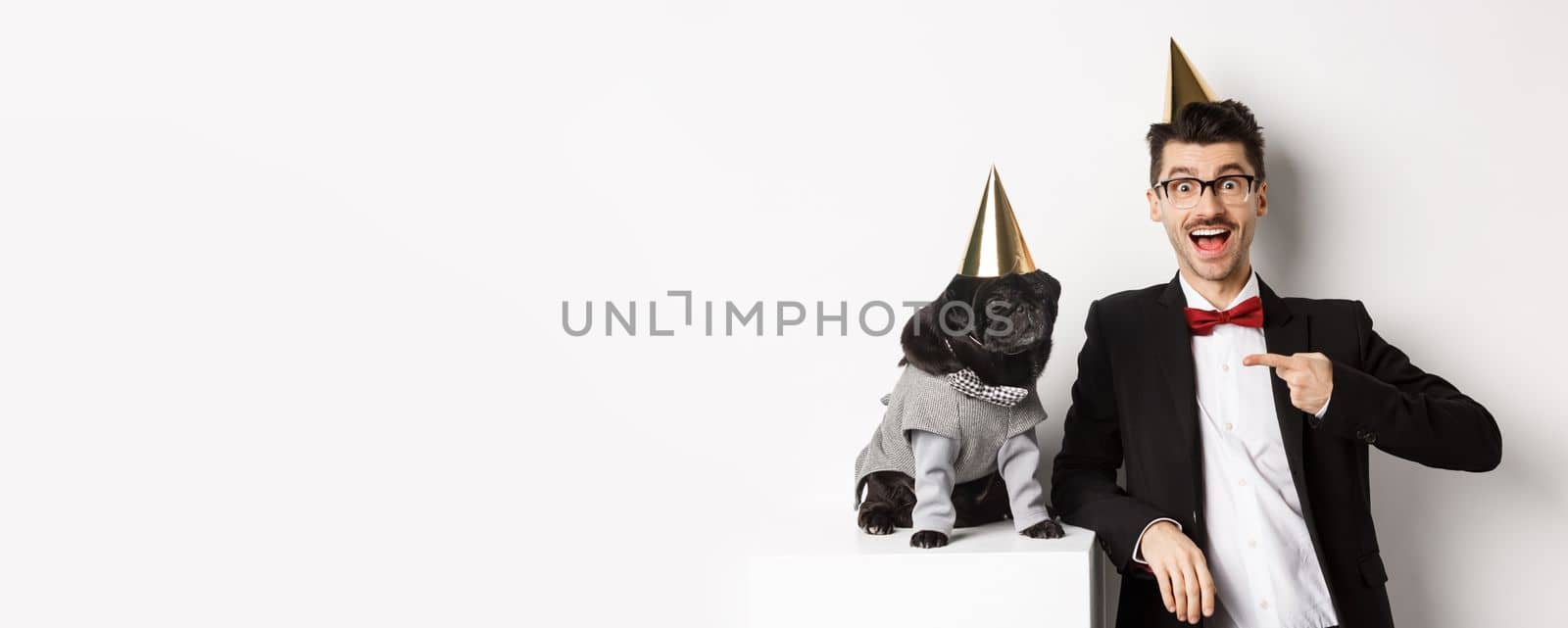 Cheerful man and cute black pug wearing party cones and suits, dog owner celebrating pet birthday, standing over white background.