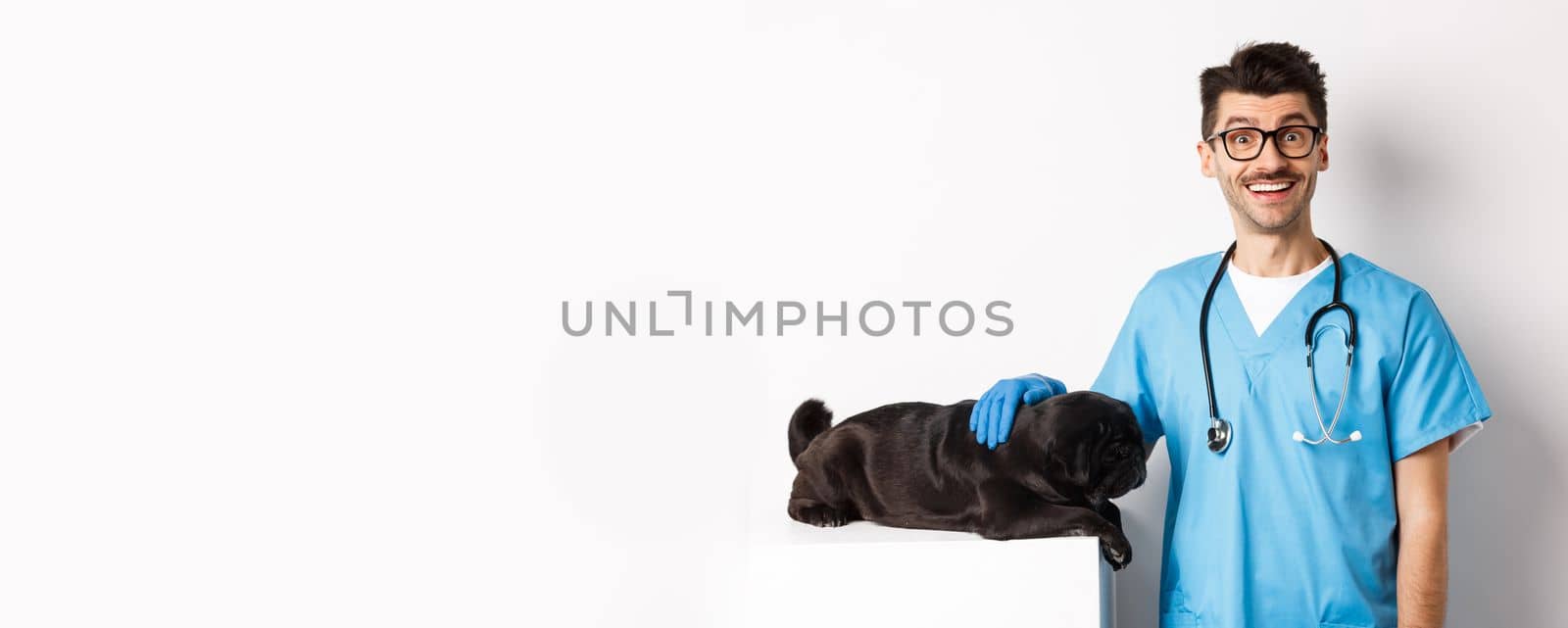 Handsome smiling vet doctor petting cute small dog pug and looking happy at camera, examining puppy at veterinary clinic, standing over white background.