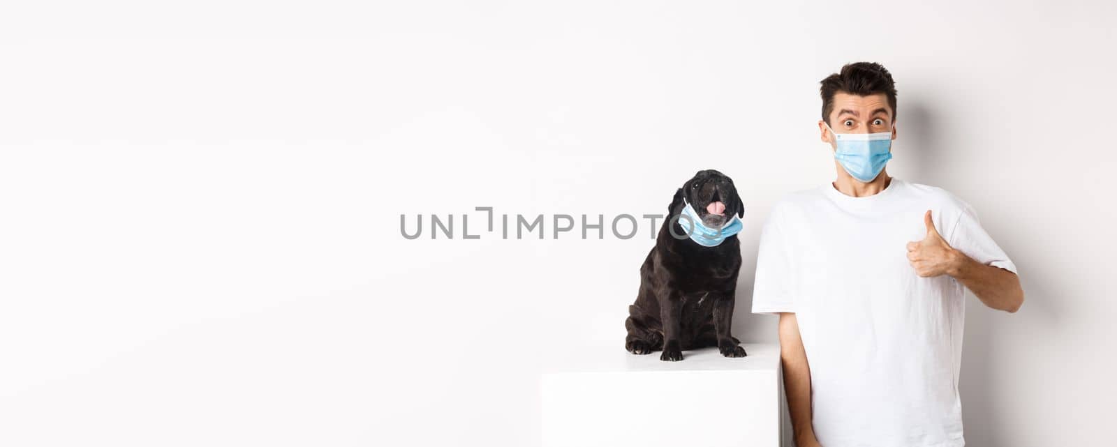 Covid-19, animals and quarantine concept. Image of funny young man and small dog in medical masks, owner showing thumb up in approval, praise something, white background by Benzoix