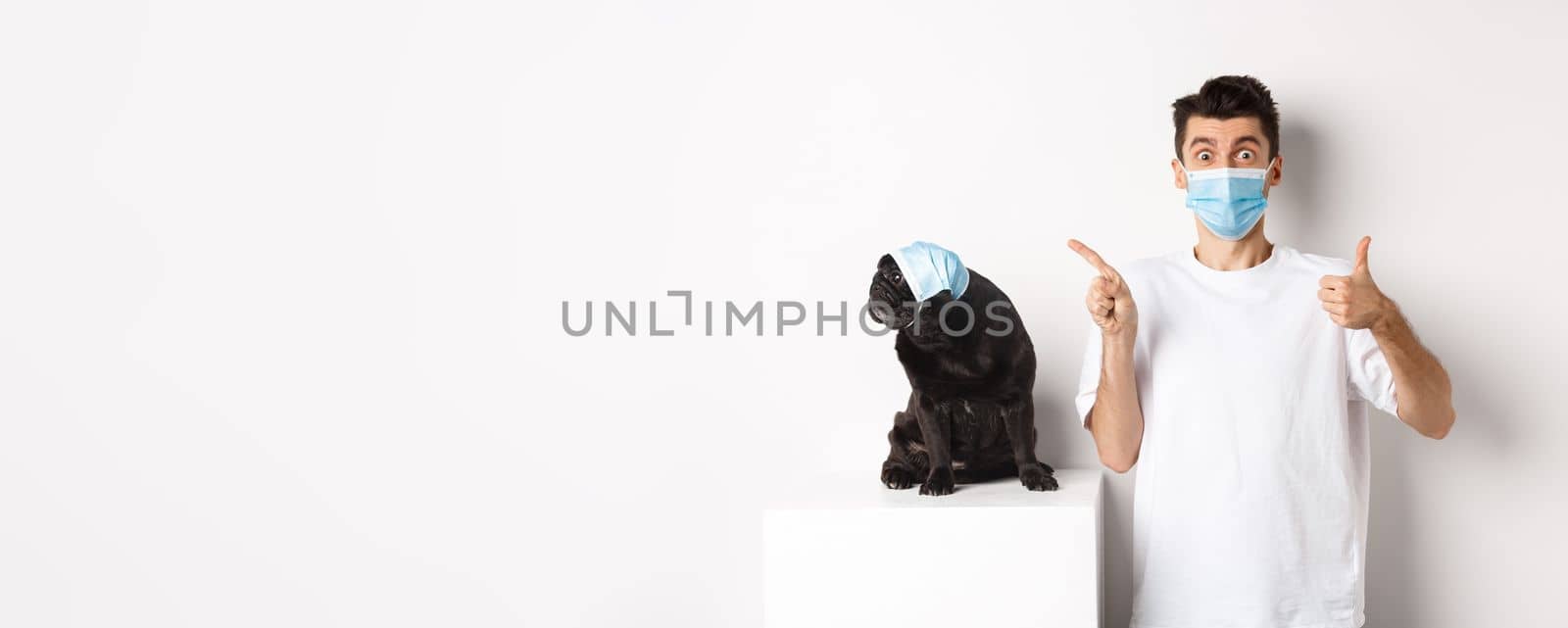 Covid-19, animals and quarantine concept. Young man and black dog wearing medical masks, pug looking at upper left corner and owner showing thumb-up to praise promo by Benzoix