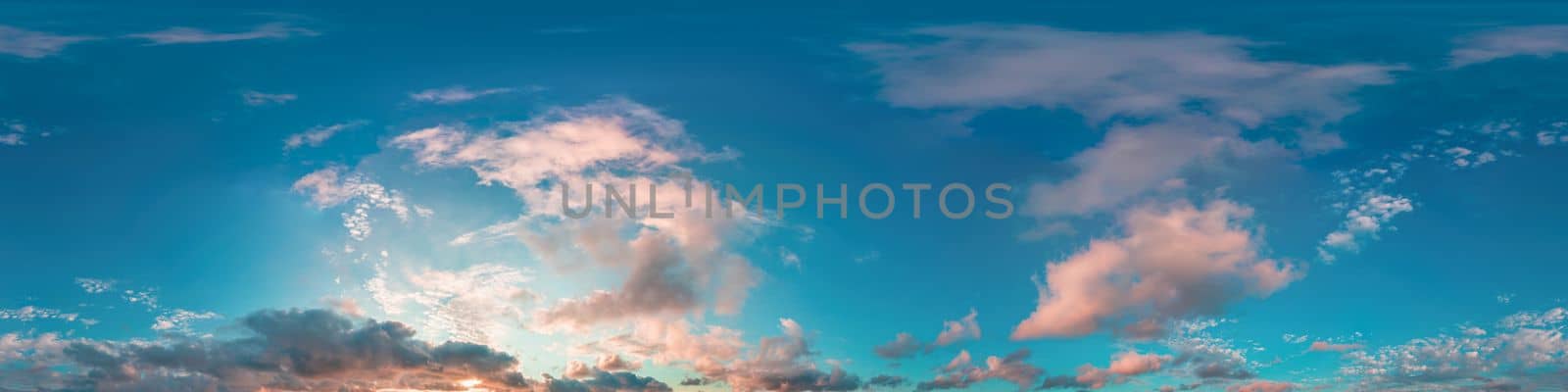 Dark blue sunset sky panorama with pink Cumulus clouds. Seamless hdr 360 panorama in spherical equirectangular format. Full zenith for 3D visualization, sky replacement for aerial drone panoramas. by panophotograph