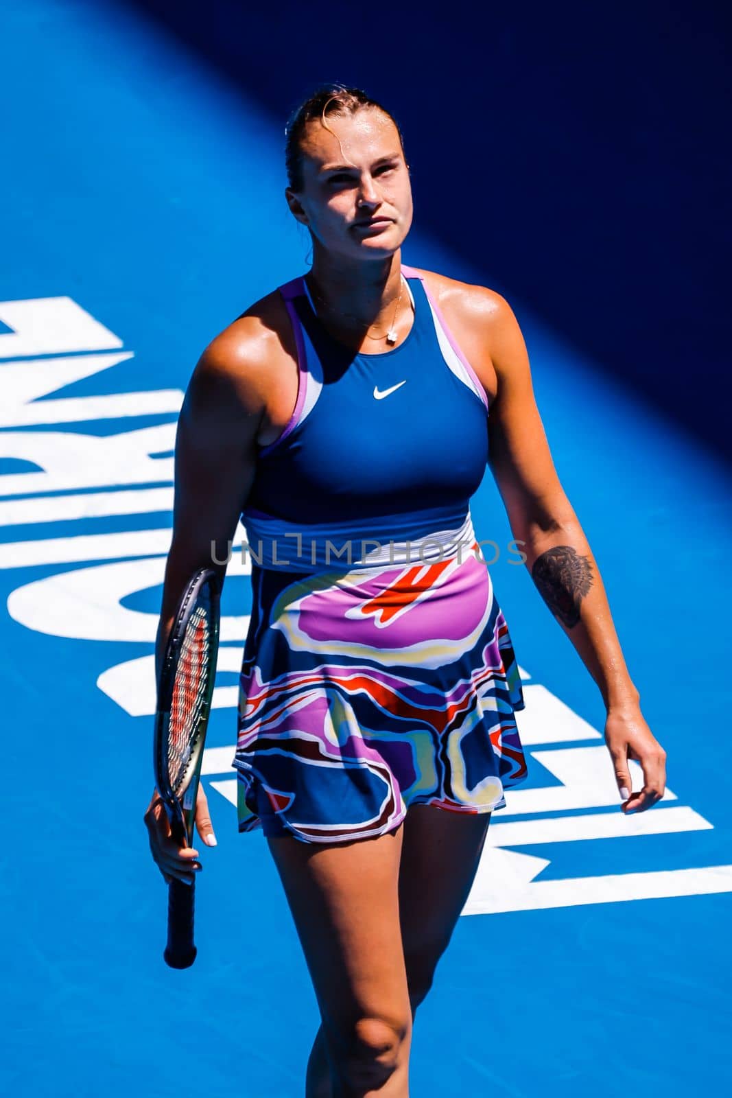 MELBOURNE, AUSTRALIA - JANUARY 23: Aryna Sabalenka of Belarus plays Belinda Bencic of Switzerland on day 8 of the 2023 Australian Open at Melbourne Park on January 23, 2023 in Melbourne, Australia.