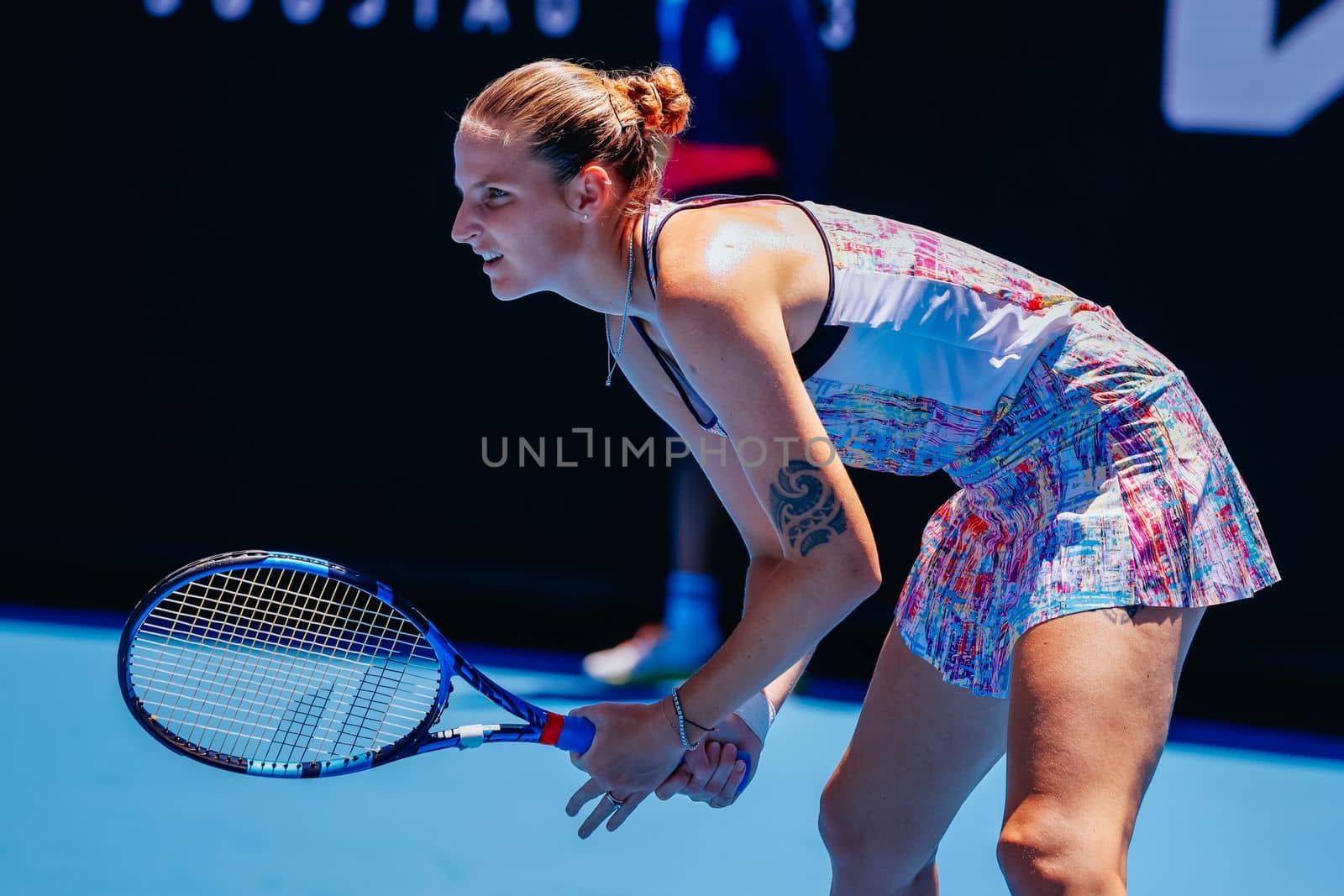 MELBOURNE, AUSTRALIA - JANUARY 23: Karolina Pliskova of Czech Republic plays Shuai Zhang of China on day 8 of the 2023 Australian Open at Melbourne Park on January 23, 2023 in Melbourne, Australia.