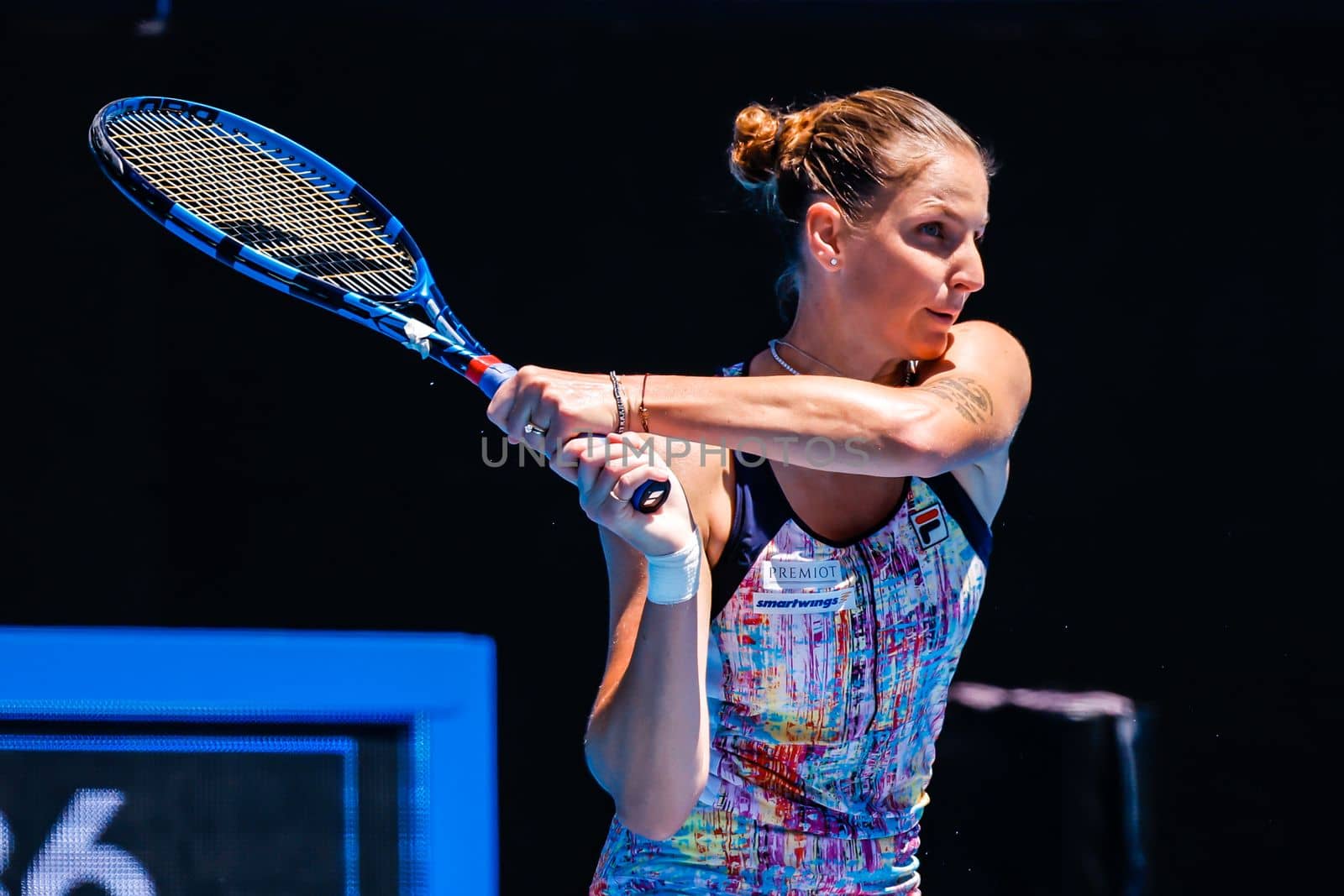 MELBOURNE, AUSTRALIA - JANUARY 23: Karolina Pliskova of Czech Republic plays Shuai Zhang of China on day 8 of the 2023 Australian Open at Melbourne Park on January 23, 2023 in Melbourne, Australia.