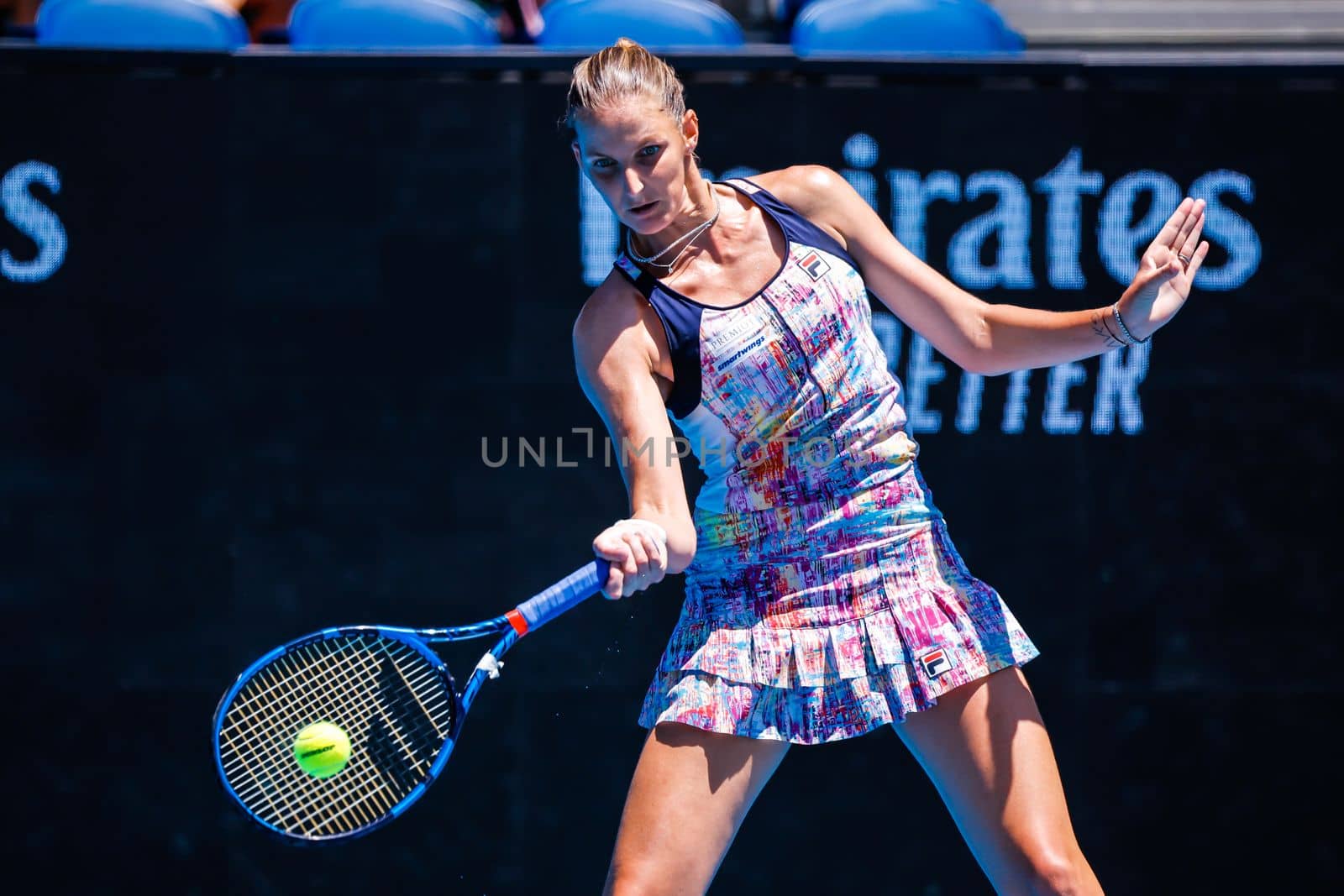 MELBOURNE, AUSTRALIA - JANUARY 23: Karolina Pliskova of Czech Republic plays Shuai Zhang of China on day 8 of the 2023 Australian Open at Melbourne Park on January 23, 2023 in Melbourne, Australia.