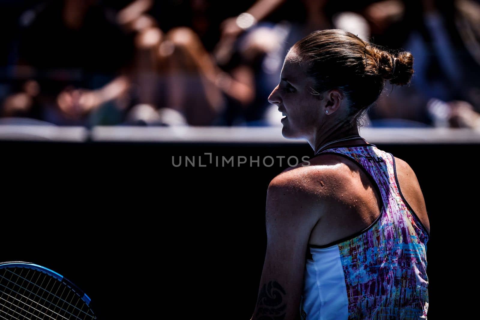 MELBOURNE, AUSTRALIA - JANUARY 23: Karolina Pliskova of Czech Republic plays Shuai Zhang of China on day 8 of the 2023 Australian Open at Melbourne Park on January 23, 2023 in Melbourne, Australia.