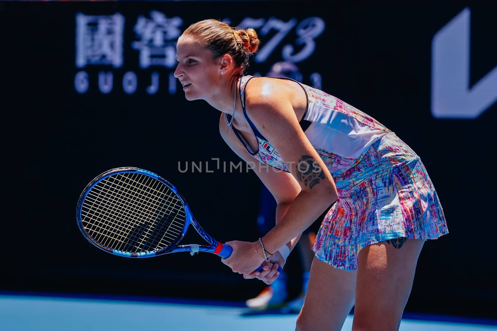 MELBOURNE, AUSTRALIA - JANUARY 23: Karolina Pliskova of Czech Republic plays Shuai Zhang of China on day 8 of the 2023 Australian Open at Melbourne Park on January 23, 2023 in Melbourne, Australia.