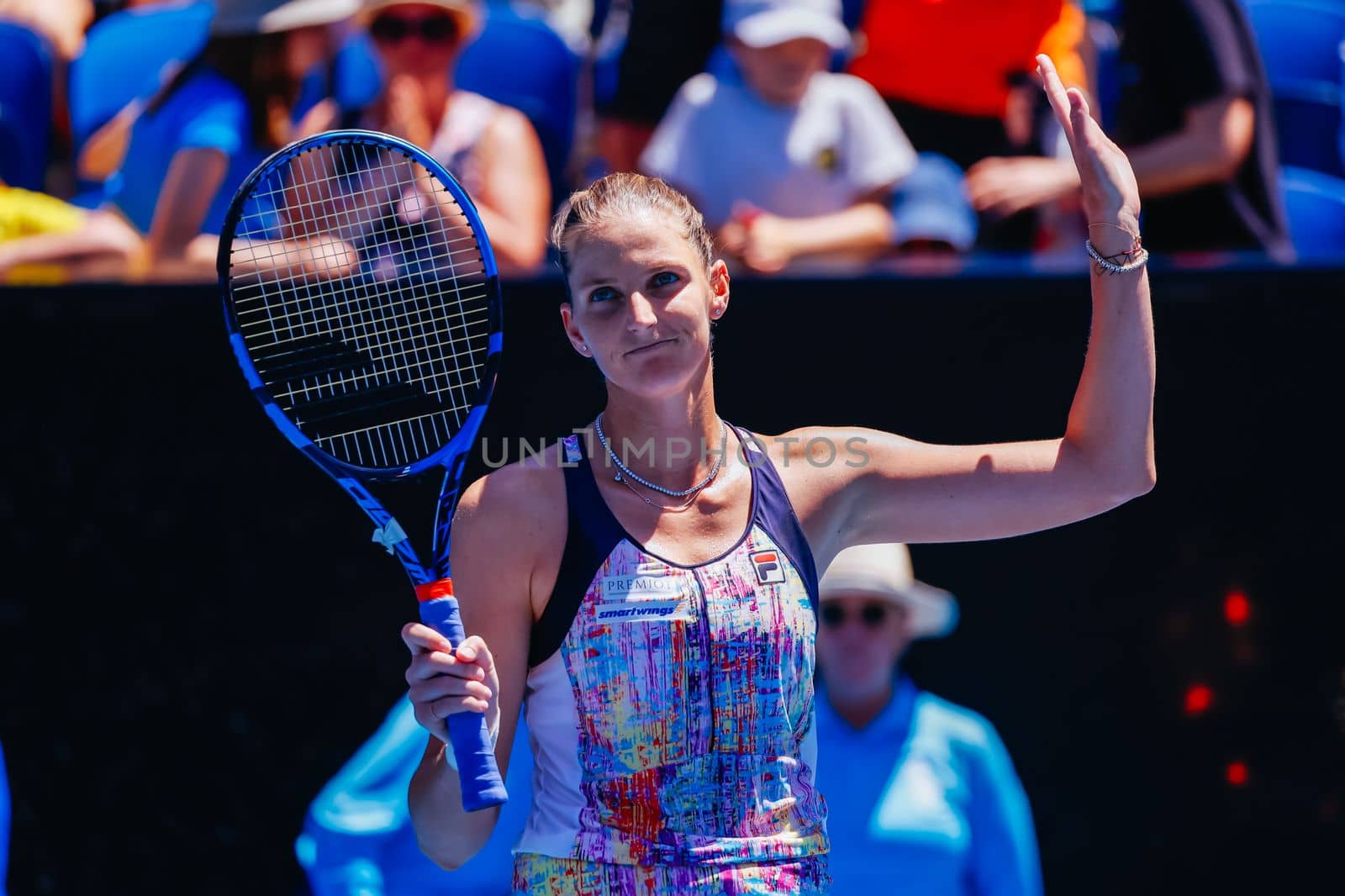 MELBOURNE, AUSTRALIA - JANUARY 23: Karolina Pliskova of Czech Republic plays Shuai Zhang of China on day 8 of the 2023 Australian Open at Melbourne Park on January 23, 2023 in Melbourne, Australia.