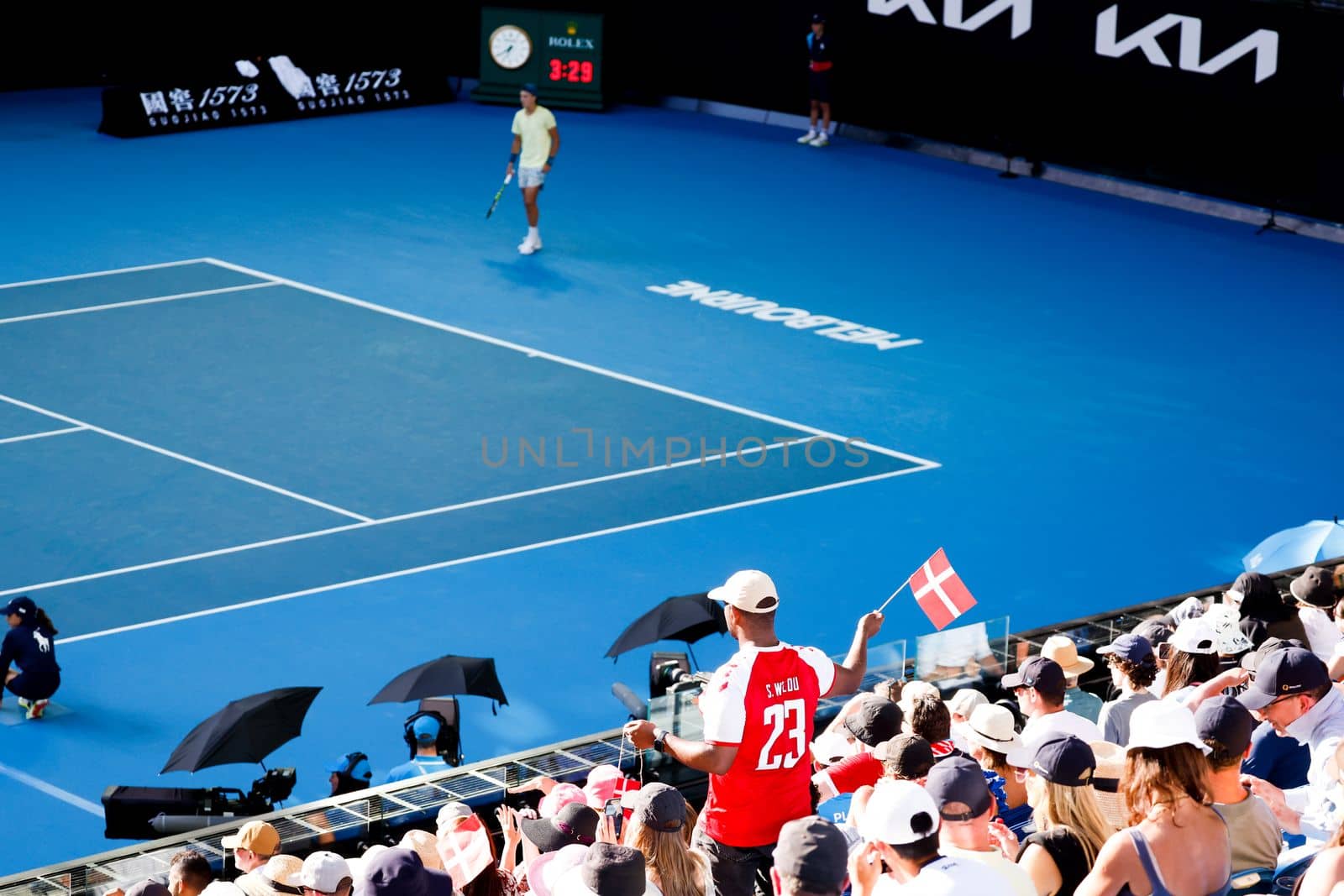 MELBOURNE, AUSTRALIA - JANUARY 23: Holger Rune of Denmark plays Andrey Rublev of Russia in the 4th round on day 8 of the 2023 Australian Open at Melbourne Park on January 23, 2023 in Melbourne, Australia.