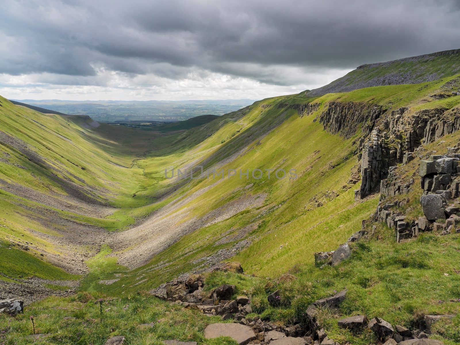 Dramatic view from High Cup Nick of chasm, Eden Valley, North Pennines, Cumbria by PhilHarland