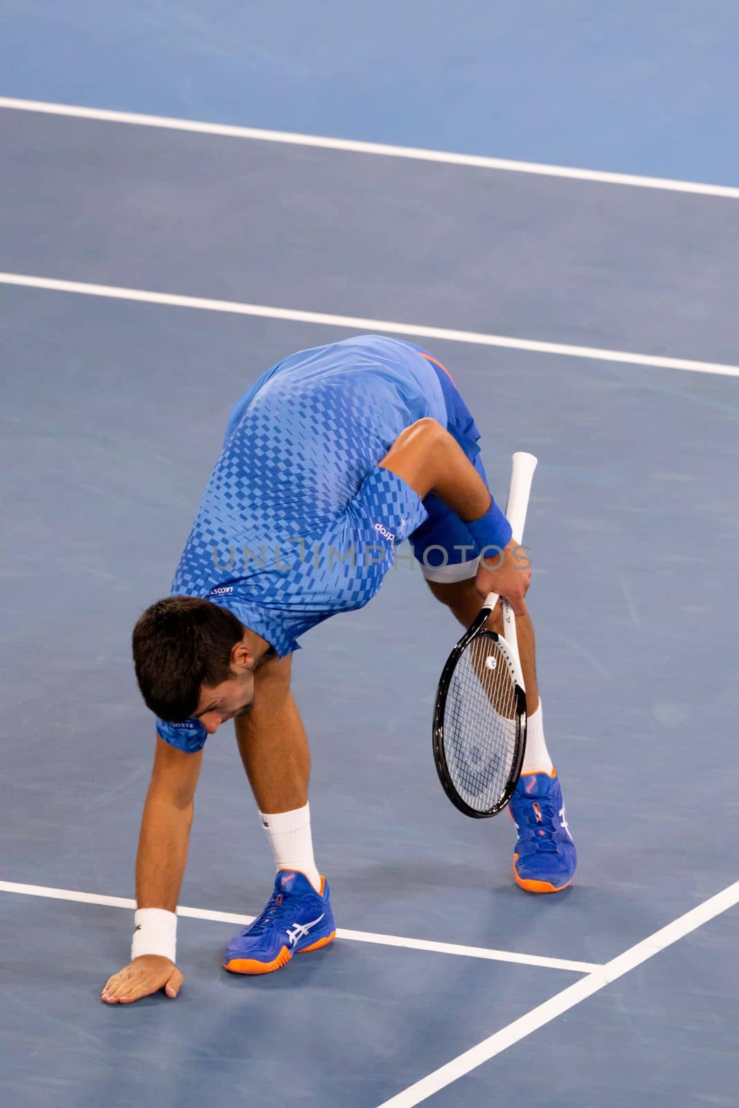 MELBOURNE, AUSTRALIA - JANUARY 23: Novak Djokovic of Serbia celebrates beating Alex de Minaur of Australia in the 4th round on day 8 of the 2023 Australian Open at Melbourne Park on January 23, 2023 in Melbourne, Australia.