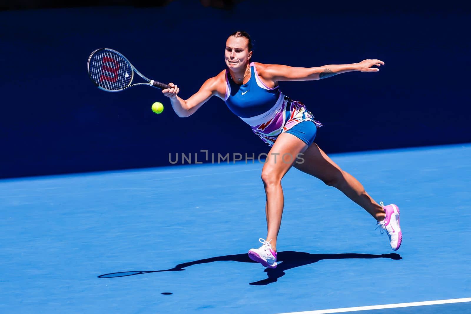 MELBOURNE, AUSTRALIA - JANUARY 23: Aryna Sabalenka of Belarus plays Belinda Bencic of Switzerland on day 8 of the 2023 Australian Open at Melbourne Park on January 23, 2023 in Melbourne, Australia.