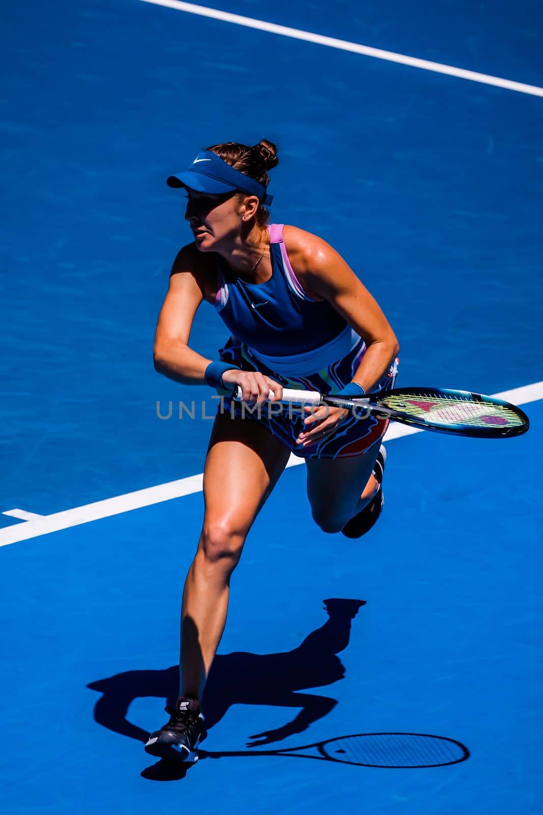 MELBOURNE, AUSTRALIA - JANUARY 23: Belinda Bencic of Switzerland playing Aryna Sabalenka of Belarus on day 8 of the 2023 Australian Open at Melbourne Park on January 23, 2023 in Melbourne, Australia.