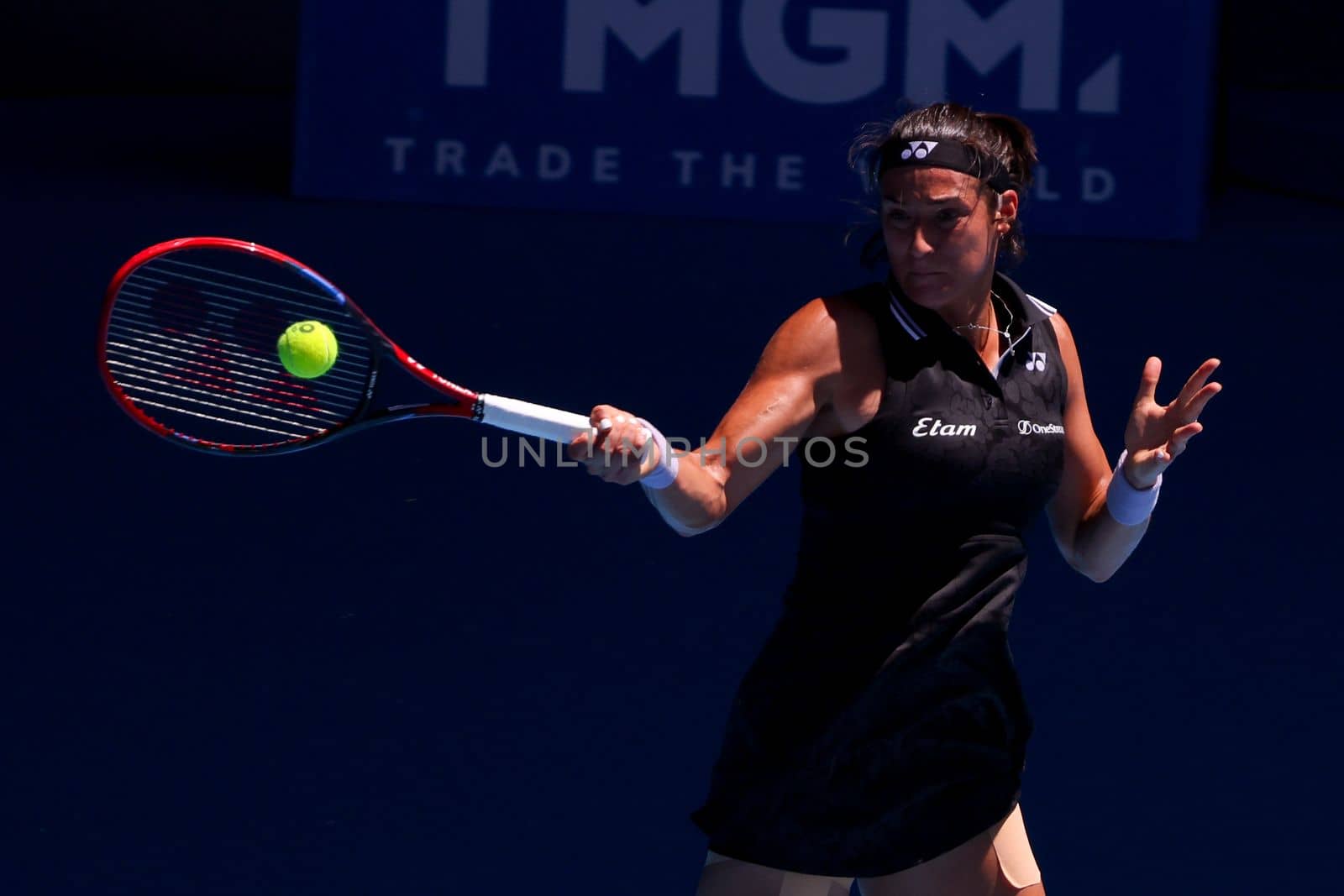 MELBOURNE, AUSTRALIA - JANUARY 23: Caroline Garcia of France plays against Magda Linette of Poland on day 8 action of the 2023 Australian Open at Melbourne Park on January 23, 2023 in Melbourne, Australia.