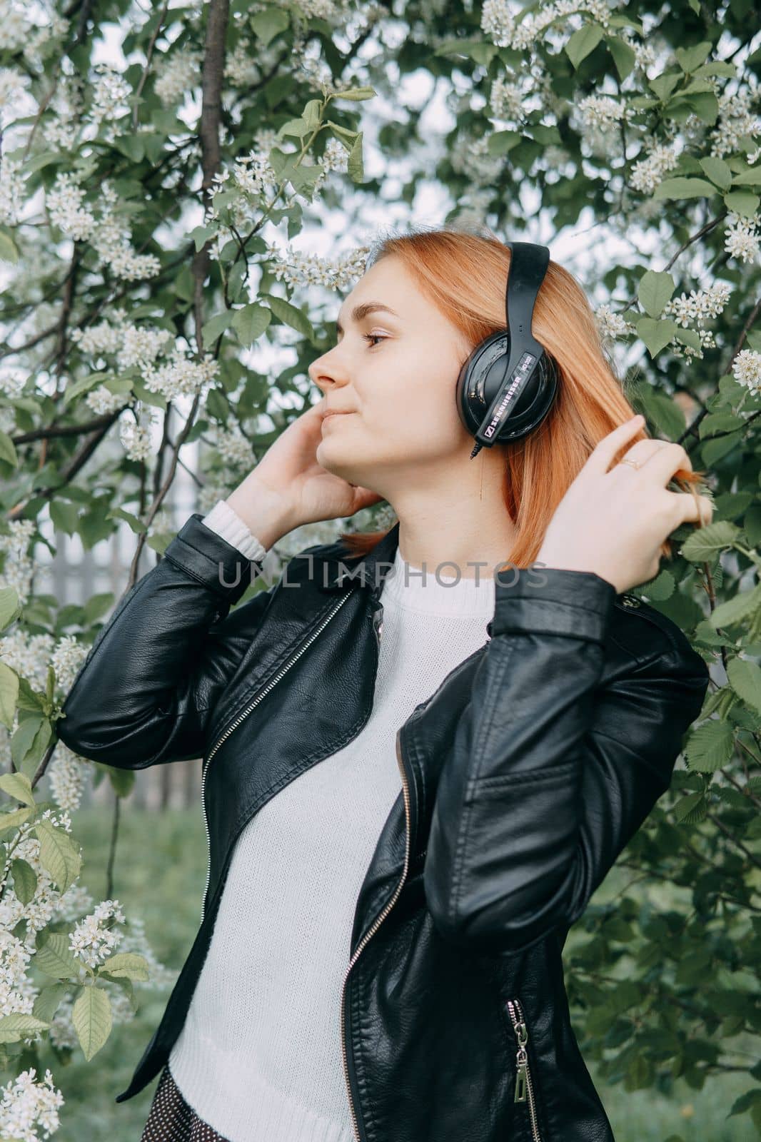 A red-haired teenage girl listens to music in headphones, configured via the phone. The time of spring flowering of cherry orchards.