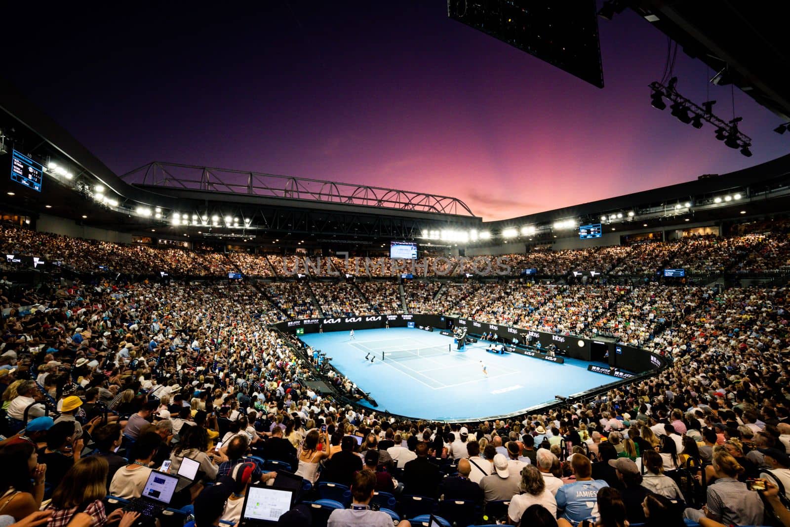 MELBOURNE, AUSTRALIA - JANUARY 23: Alex de Minaur of Australia plays Novak Djokovic of Serbia in the 4th round on day 8 of the 2023 Australian Open at Melbourne Park on January 23, 2023 in Melbourne, Australia.