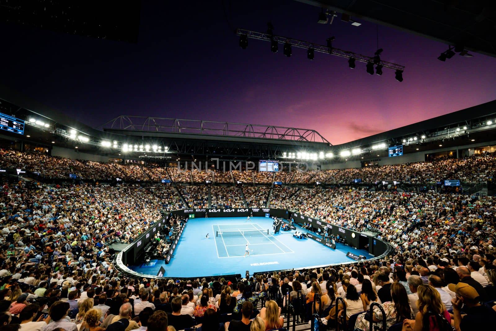 MELBOURNE, AUSTRALIA - JANUARY 23: Alex de Minaur of Australia plays Novak Djokovic of Serbia in the 4th round on day 8 of the 2023 Australian Open at Melbourne Park on January 23, 2023 in Melbourne, Australia.