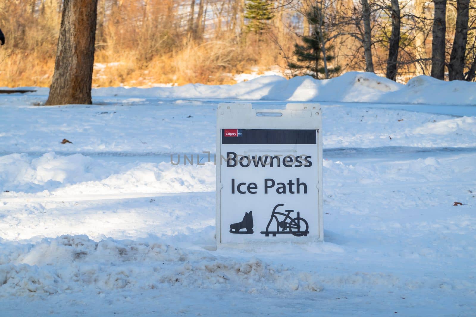 Calgary, Alberta, Canada. Dec 31, 2022. A Bowness Ice Path sign at a Bowness Park during the winter.