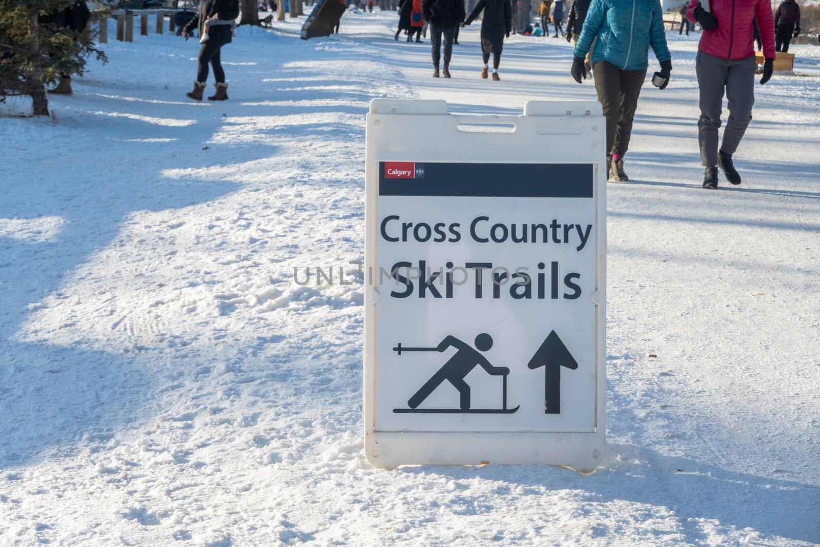 Calgary, Alberta, Canada. Dec 31, 2022. A Cross Country Ski Trails sign at a Bowness Park during the winter. by oasisamuel