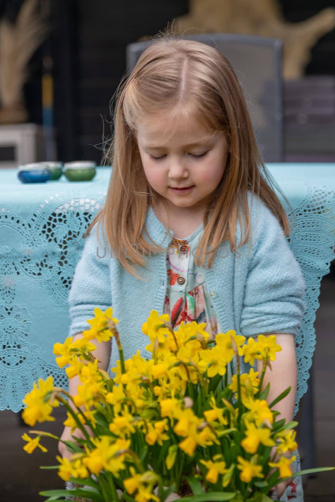 Girl in a turquoise dress holds a pot of daffodils Easter by Godi
