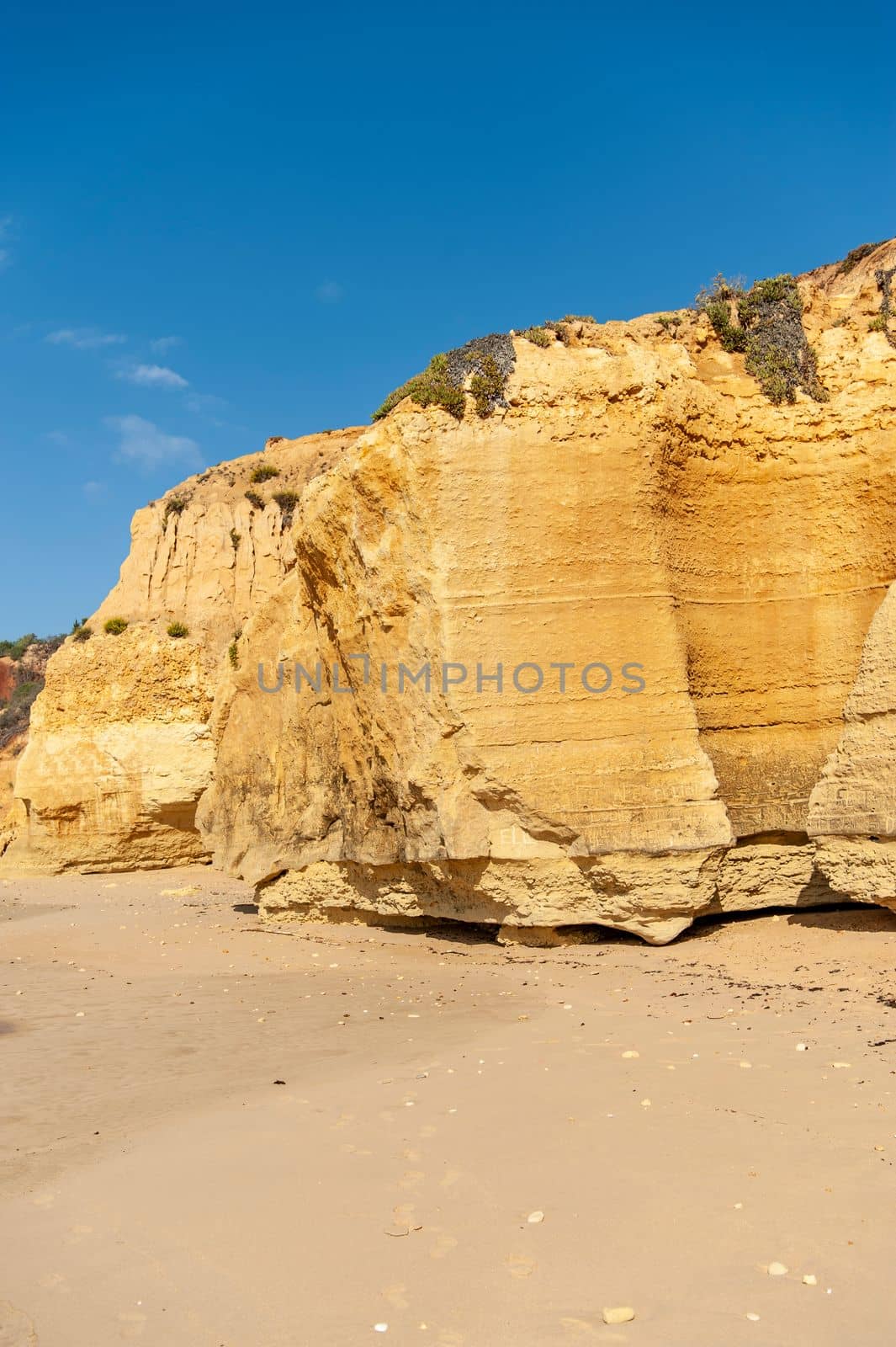 Maria Luisa beach with rock formation in Albufeira, Algarve, Portugal.