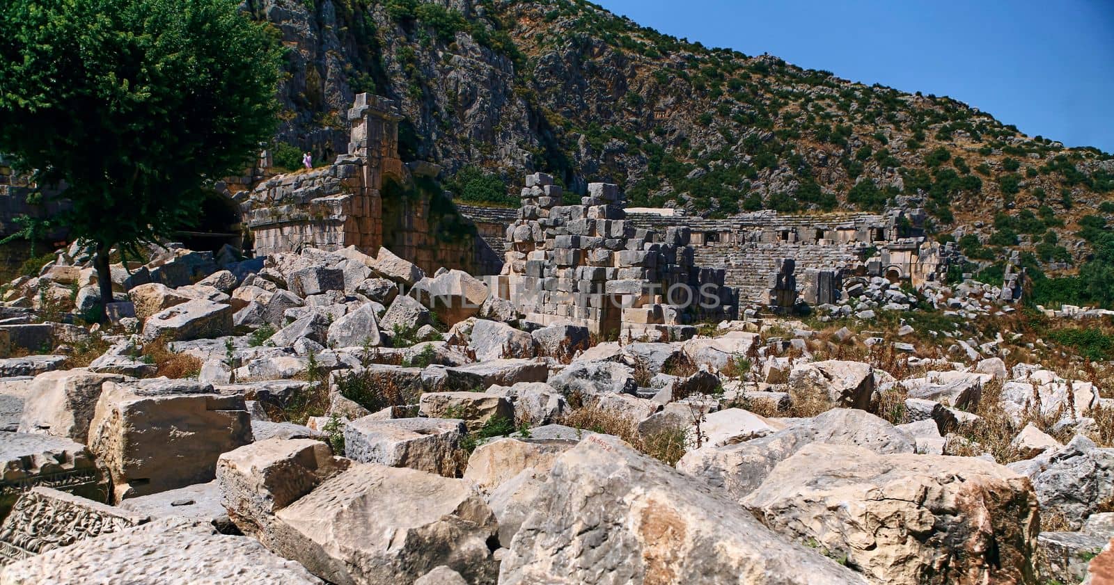 Stone Theater masks in Myra Ancient City. Demre, Antalya, Turkey