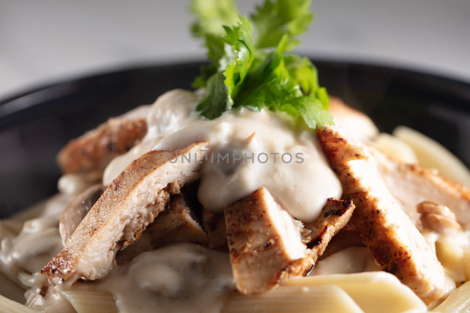 Spinach Chicken Alfredo Parmesan Pasta. Selective focus. by senkaya