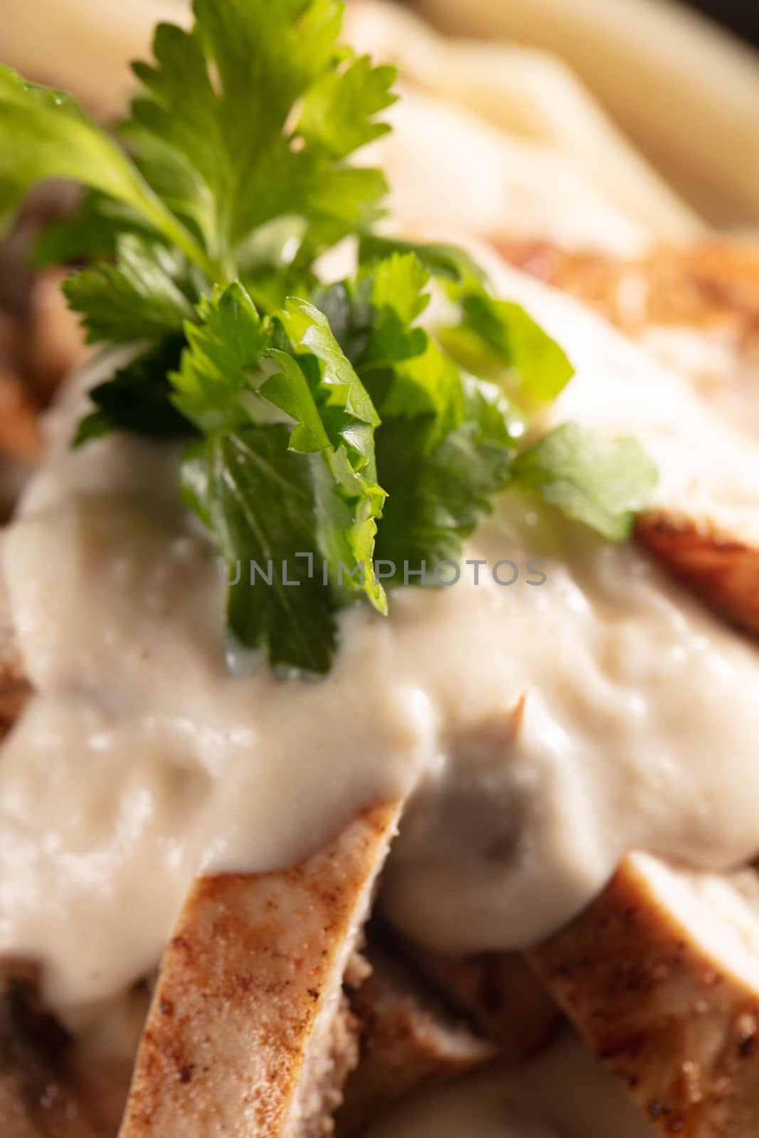 Spinach Chicken Alfredo Parmesan Pasta. Selective focus. High quality photo