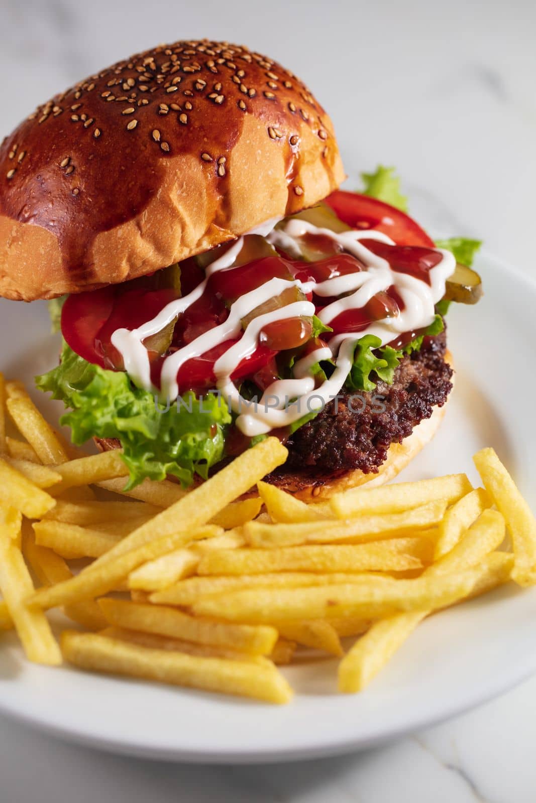 cheeseburger and fries on plate served at restaurant. High quality photo