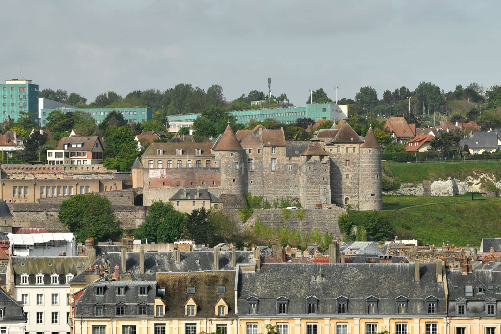 DIEPPE, FRANCE - MAY 12, 2022: Top view from above to the city of Dieppe and the castle