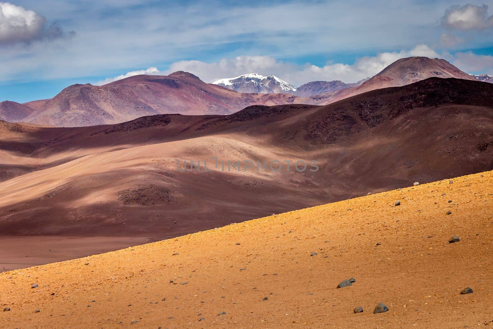 Volcanic landscape in Bolivian andes altiplano near Chilean atacama border, South America