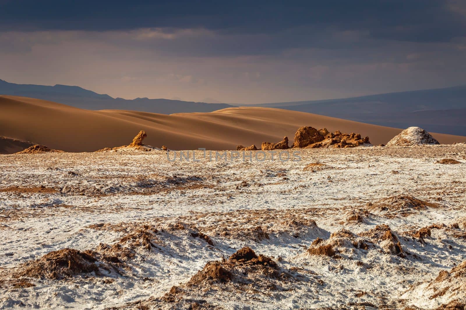Peaceful Moon Valley dramatic landscape at Sunset, Atacama Desert, Chile