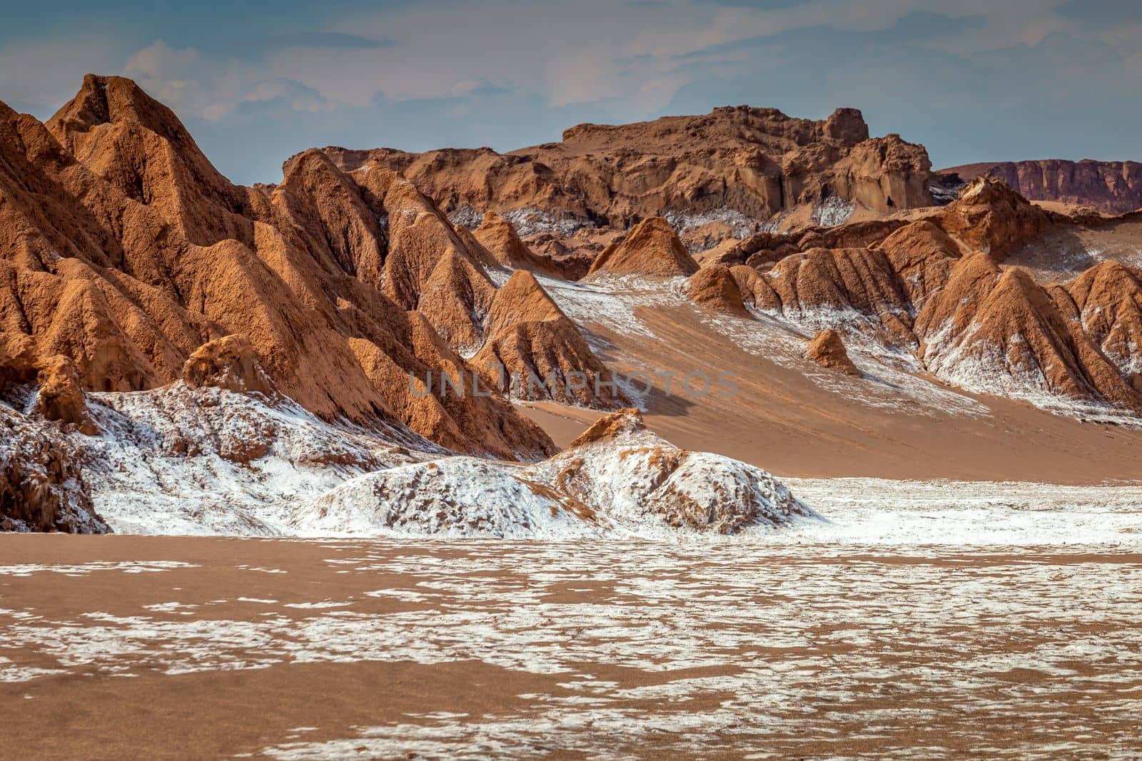Peaceful Moon Valley dramatic landscape at Sunset, Atacama Desert, Chile