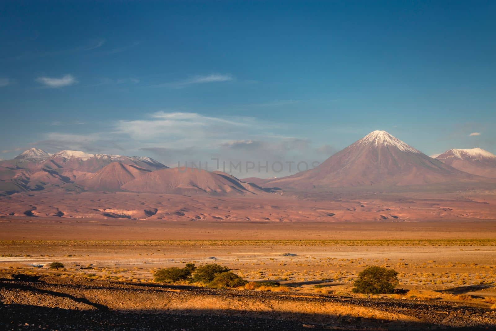 Licancabur and Peaceful dramatic volcanic landscape at Sunset, Atacama Desert, Chile