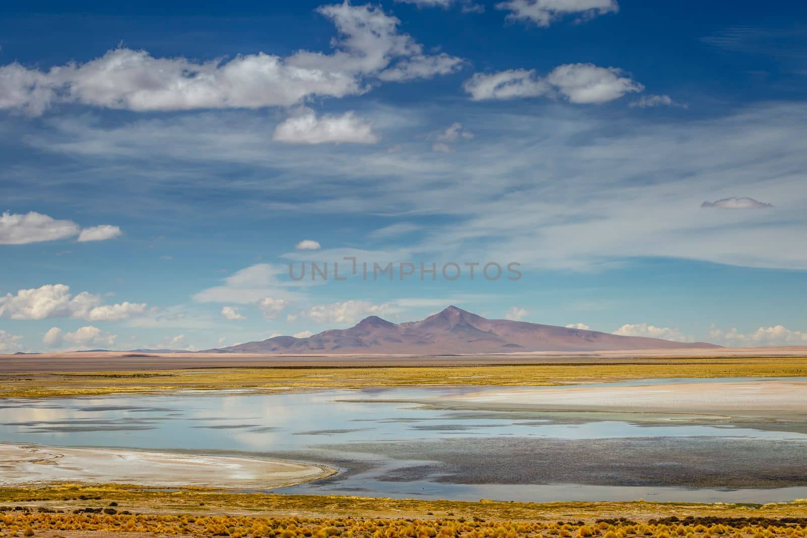 Salt lake reflection and idyllic volcanic landscape at Sunset, Atacama desert, Chile border with Bolivia