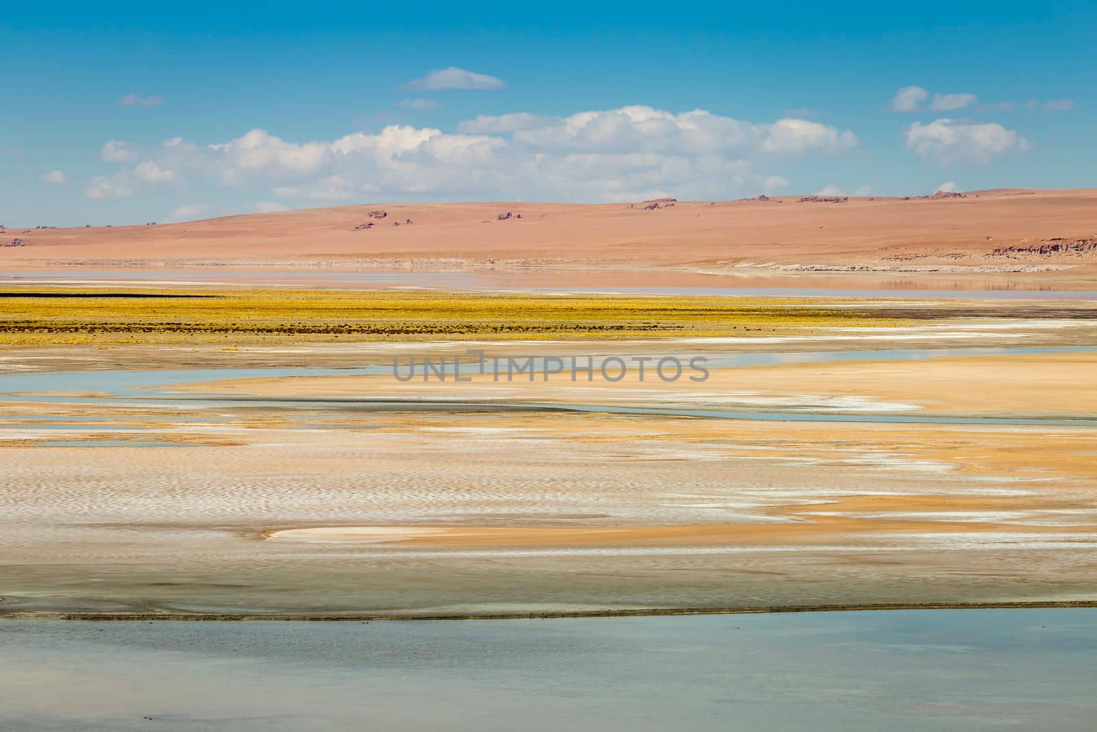 Salt lake reflection and idyllic volcanic landscape at Sunset, Atacama desert, Chile border with Bolivia