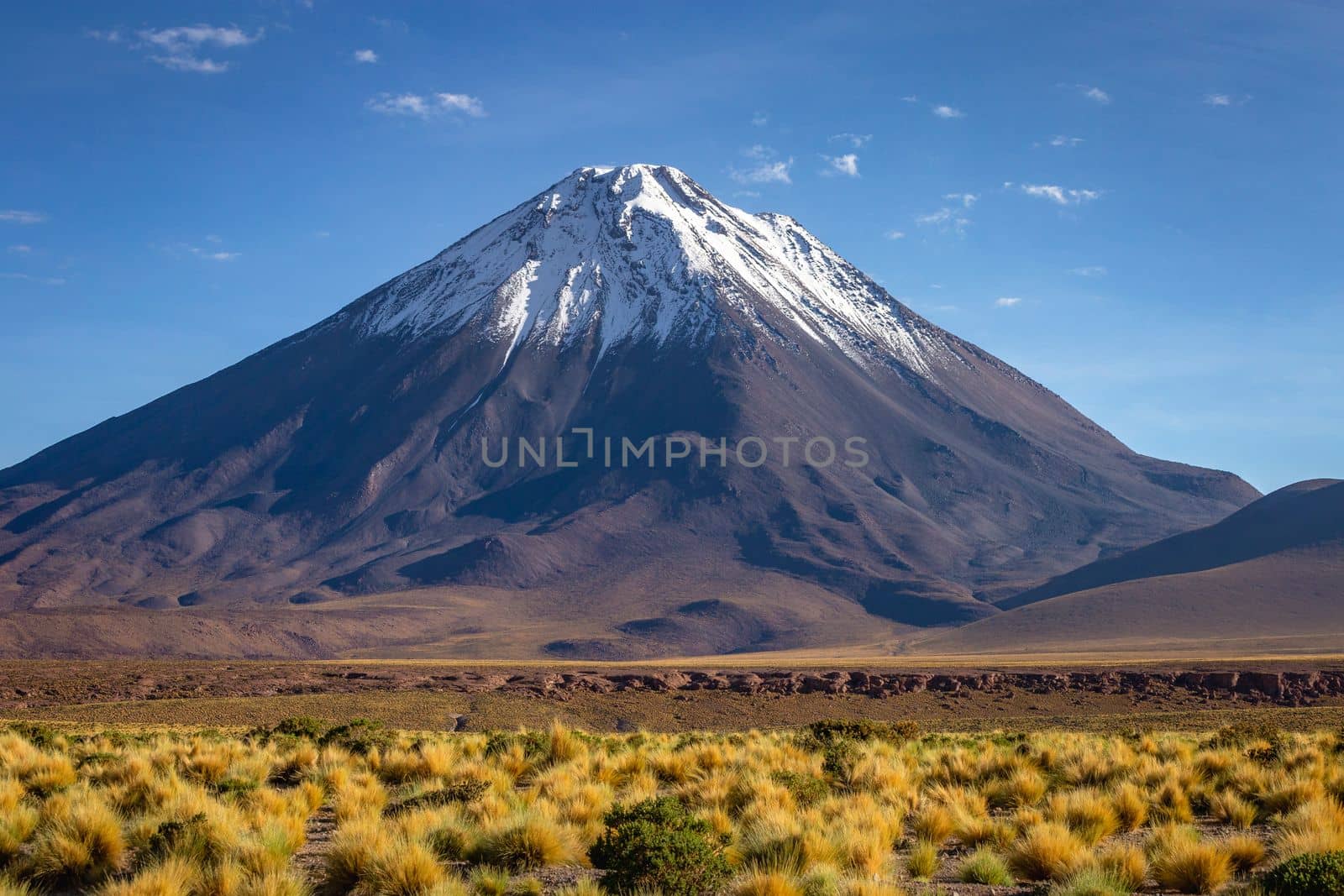 Licancabur and Peaceful dramatic volcanic landscape at Sunset, Atacama Desert, Chile