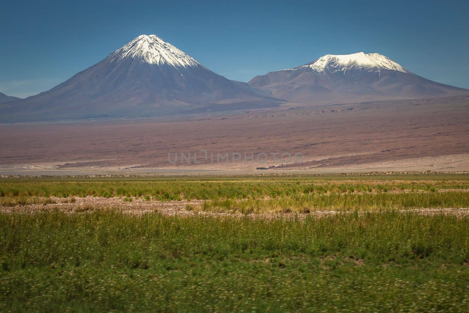 Licancabur and Peaceful dramatic volcanic landscape at Sunset, Atacama Desert, Chile