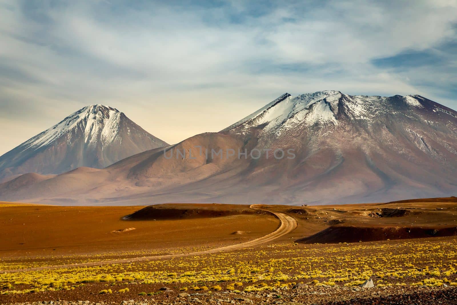 Licancabur and Peaceful dramatic volcanic landscape at Sunset, Atacama Desert, Chile